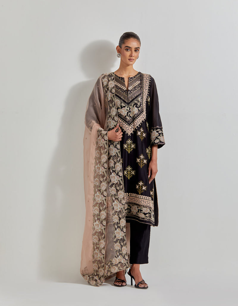 Black Chanderi Silk Cross Stitch And Patch Work Kurta Set