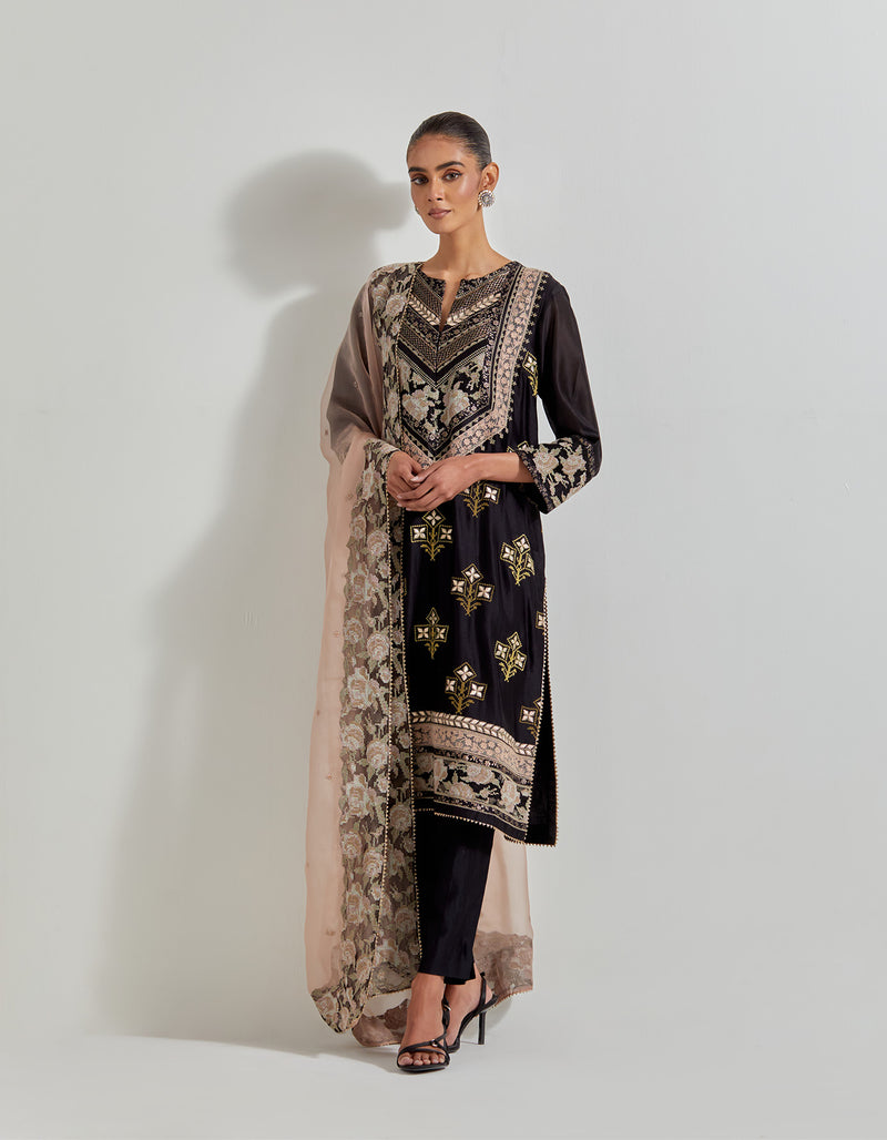 Black Chanderi Silk Cross Stitch And Patch Work Kurta Set