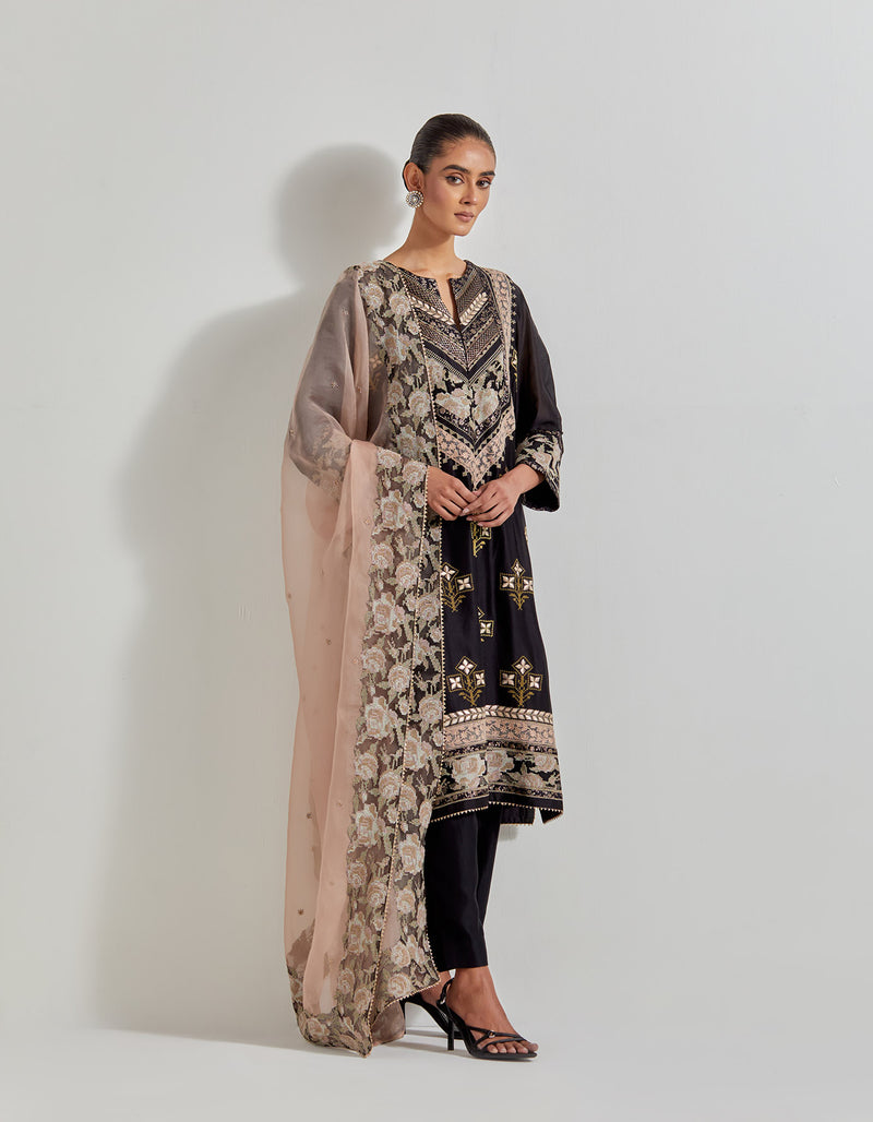 Black Chanderi Silk Cross Stitch And Patch Work Kurta Set