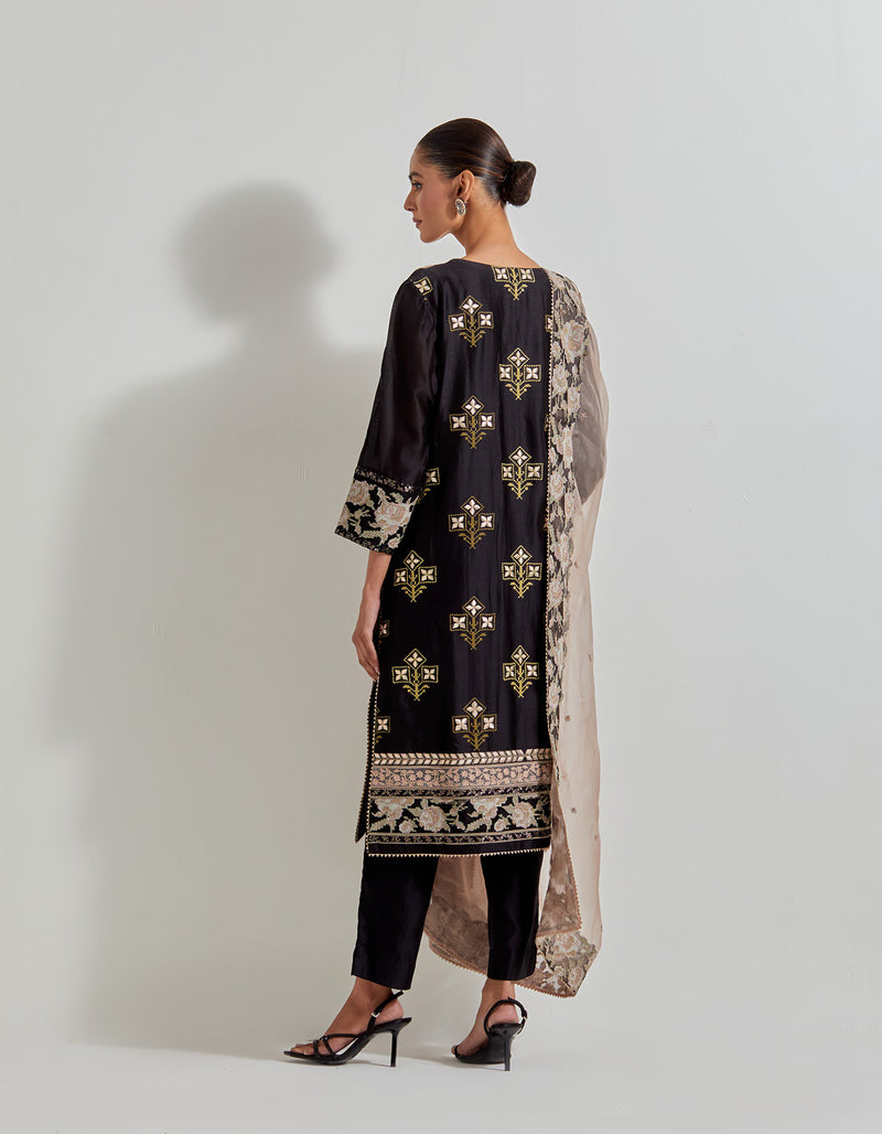 Black Chanderi Silk Cross Stitch And Patch Work Kurta Set