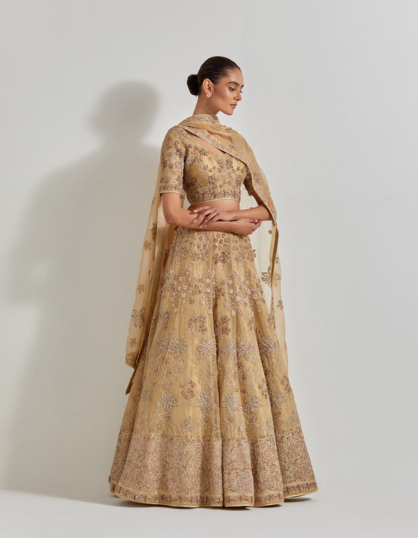 Gold Organza Hand Embellished Lehenga Set