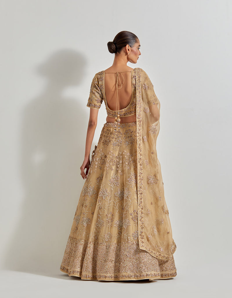 Gold Organza Hand Embellished Lehenga Set