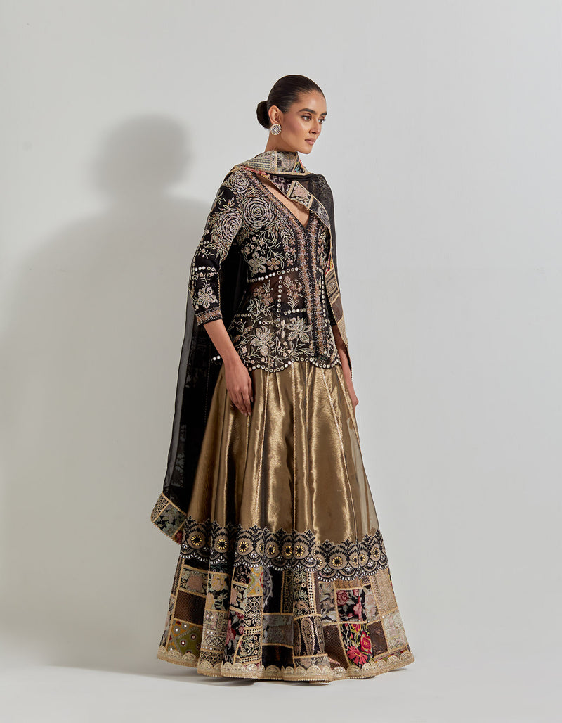 Black Antique Tissue Patch Work Lehenga Set