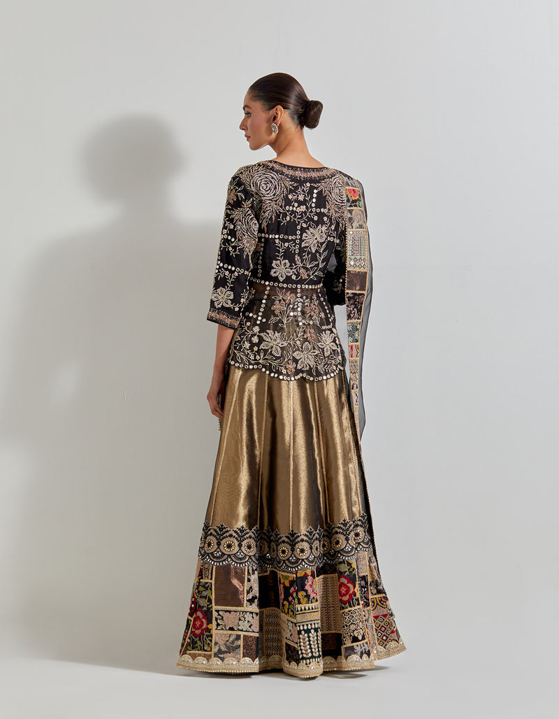 Black Antique Tissue Patch Work Lehenga Set