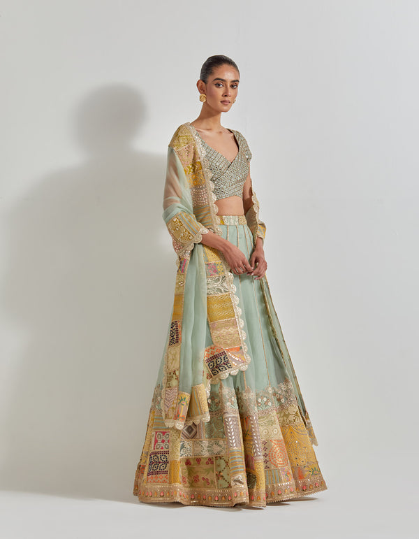 Sage Green Organza Patch Work Lehenga Set