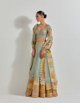 Sage Green Organza Patch Work Lehenga Set