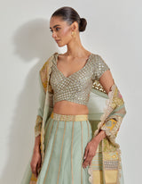 Sage Green Organza Patch Work Lehenga Set