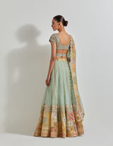 Sage Green Organza Patch Work Lehenga Set