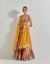 Yellow Organza Patch Work Lehenga Set