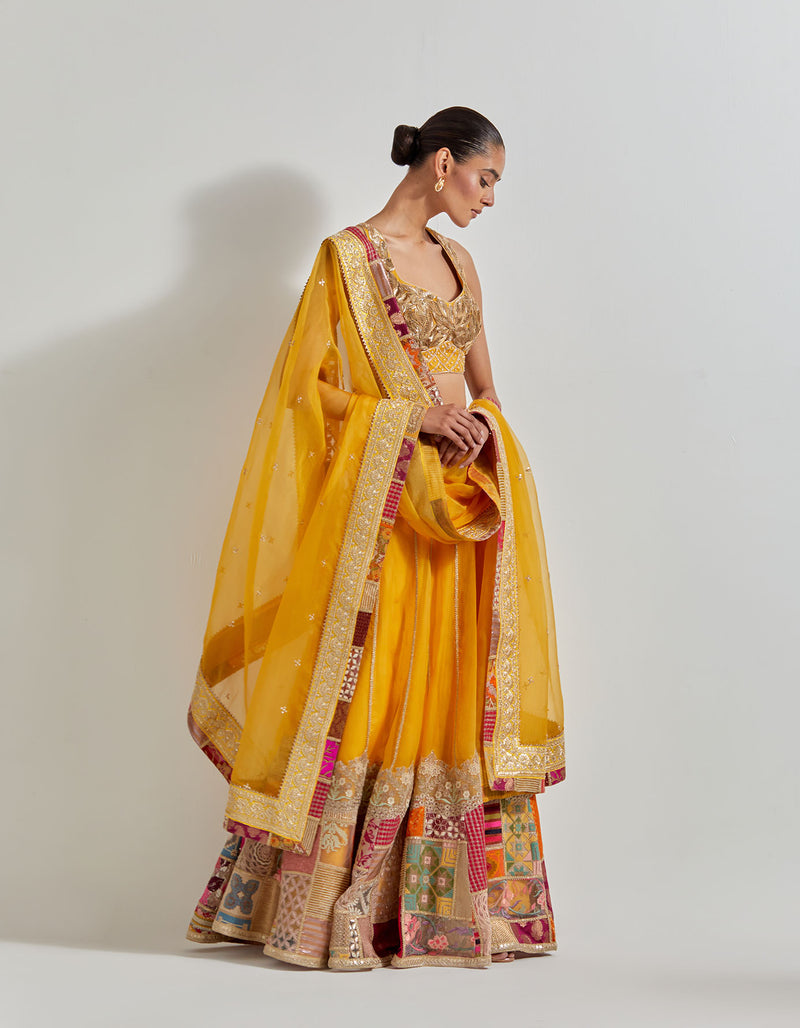 Yellow Organza Patch Work Lehenga Set