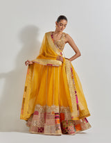 Yellow Organza Patch Work Lehenga Set