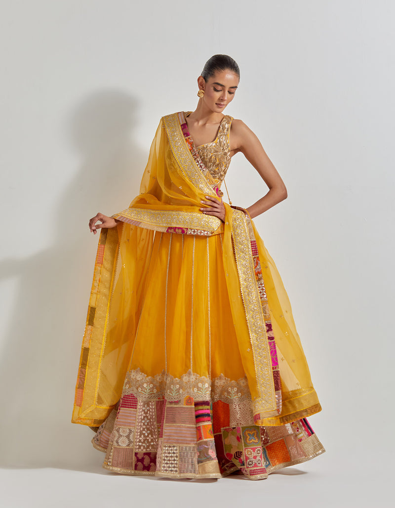 Yellow Organza Patch Work Lehenga Set