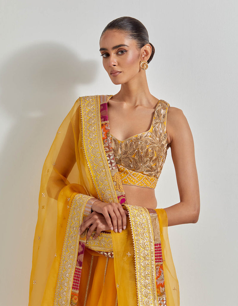 Yellow Organza Patch Work Lehenga Set