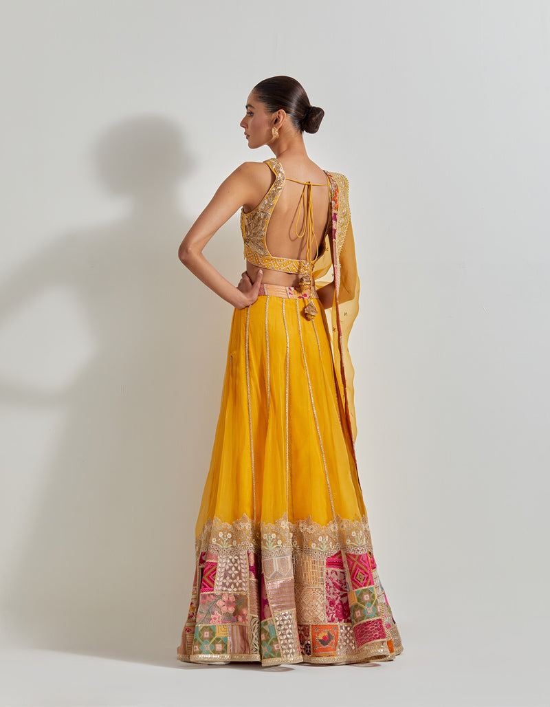 Yellow Organza Patch Work Lehenga Set