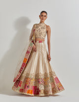 Ivory with Gold Brocade Patch Work Lehenga Set