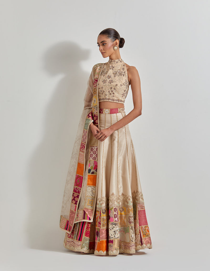 Ivory with Gold Brocade Patch Work Lehenga Set