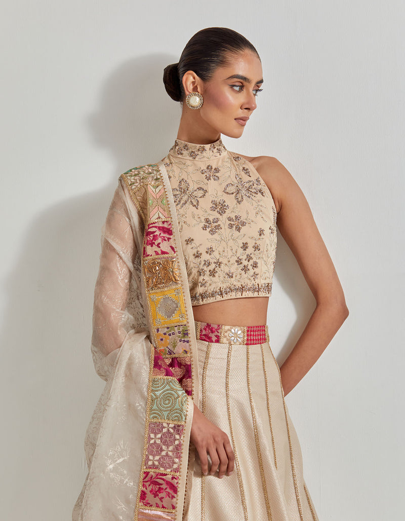 Ivory with Gold Brocade Patch Work Lehenga Set