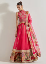 Fuchsia Patch Work Lehnga Set In Organza Silk