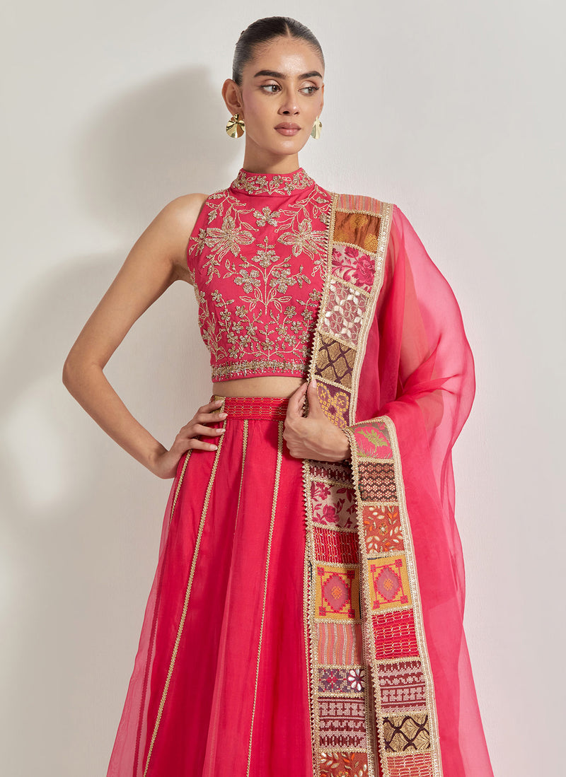 Fuchsia Patch Work Lehnga Set In Organza Silk