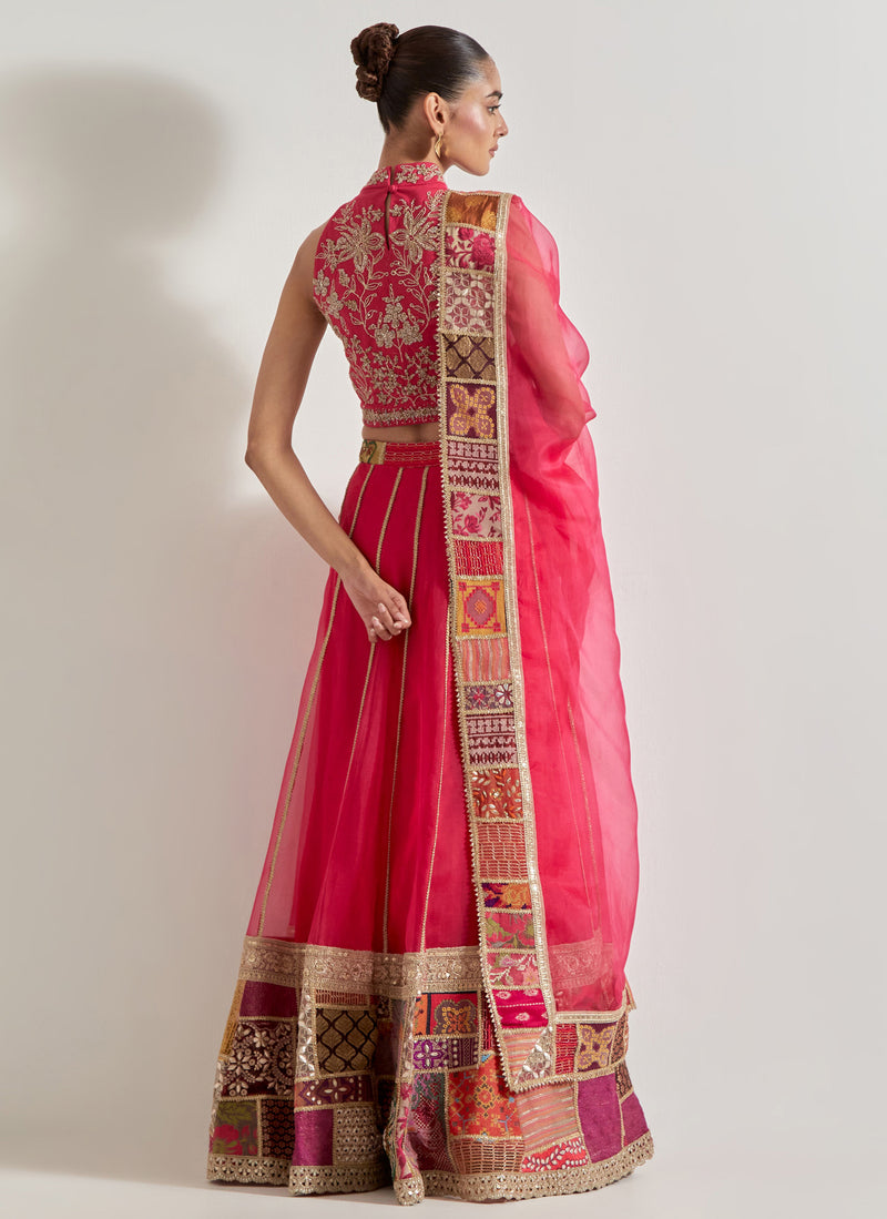 Fuchsia Patch Work Lehnga Set In Organza Silk