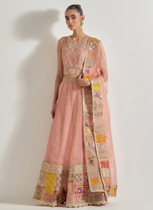 Pink Patch Work Lehnga Set In Organza Silk