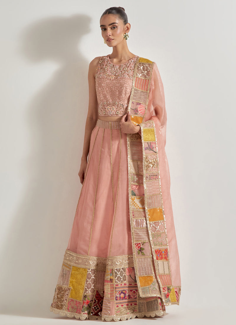 Pink Patch Work Lehnga Set In Organza Silk