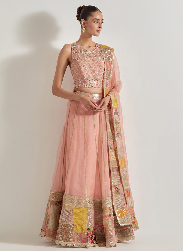 Pink Patch Work Lehnga Set In Organza Silk