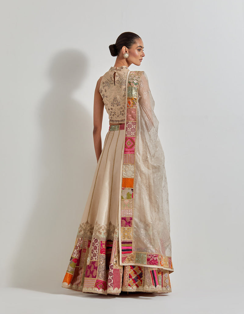 Ivory with Gold Brocade Patch Work Lehenga Set