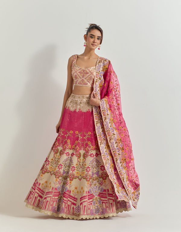 Golden Pink And Fuchsia Lehanga Set