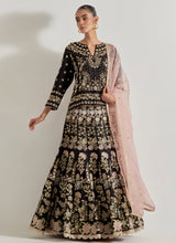 Black Sajawat Hand Embellished Kurti Paired With Embroidered Skirt And Blush Pink Organza Embeoidered Dupatta