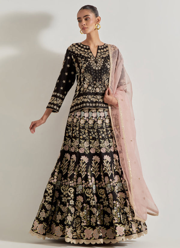 Black Sajawat Hand Embellished Kurti Paired With Embroidered Skirt And Blush Pink Organza Embeoidered Dupatta
