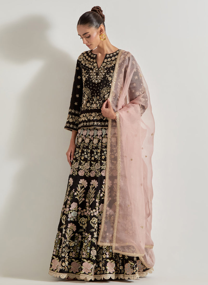 Black Sajawat Hand Embellished Kurti Paired With Embroidered Skirt And Blush Pink Organza Embeoidered Dupatta