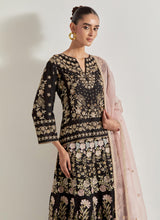Black Sajawat Hand Embellished Kurti Paired With Embroidered Skirt And Blush Pink Organza Embeoidered Dupatta