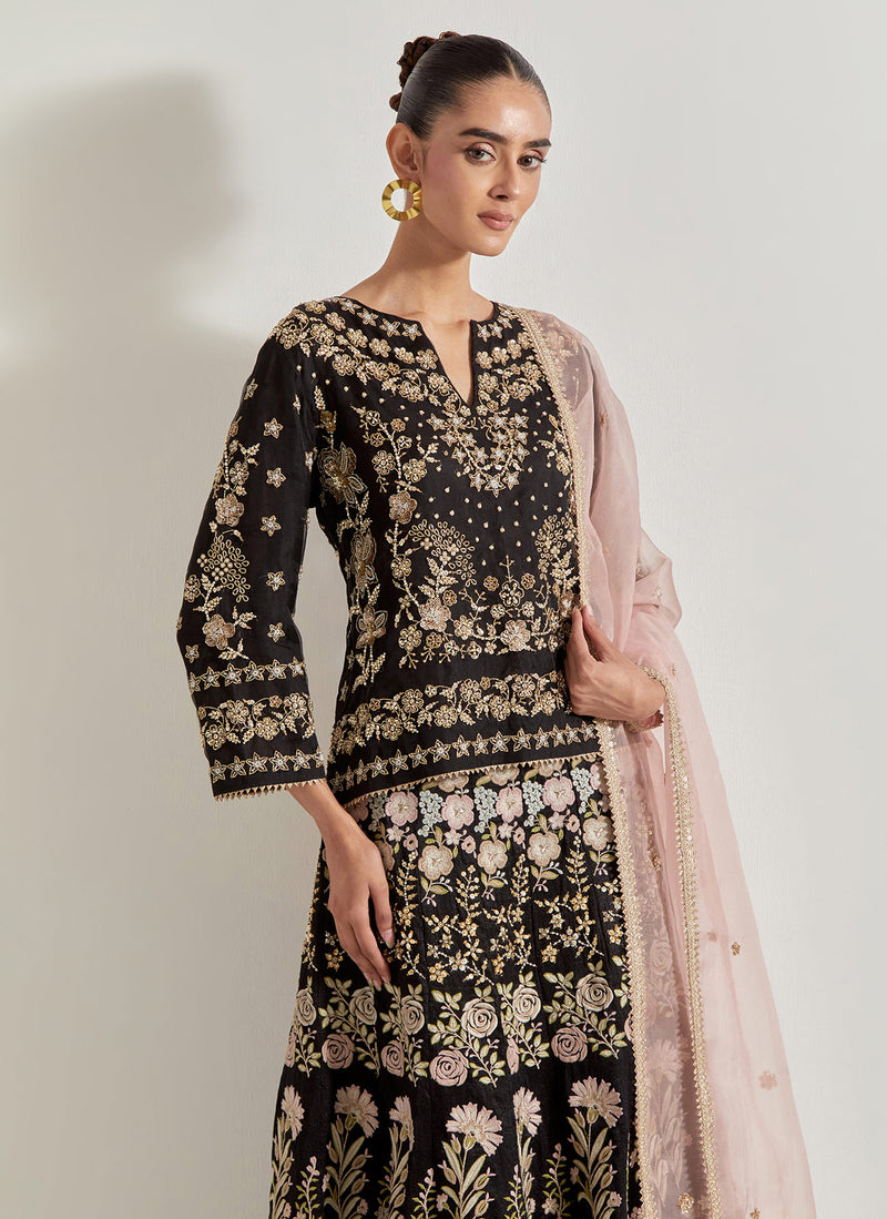 Black Sajawat Hand Embellished Kurti Paired With Embroidered Skirt And Blush Pink Organza Embeoidered Dupatta