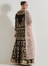 Black Sajawat Hand Embellished Kurti Paired With Embroidered Skirt And Blush Pink Organza Embeoidered Dupatta