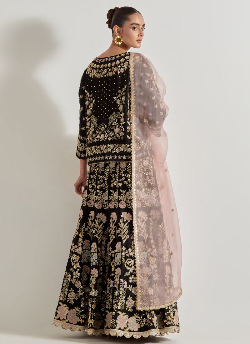 Black Sajawat Hand Embellished Kurti Paired With Embroidered Skirt And Blush Pink Organza Embeoidered Dupatta