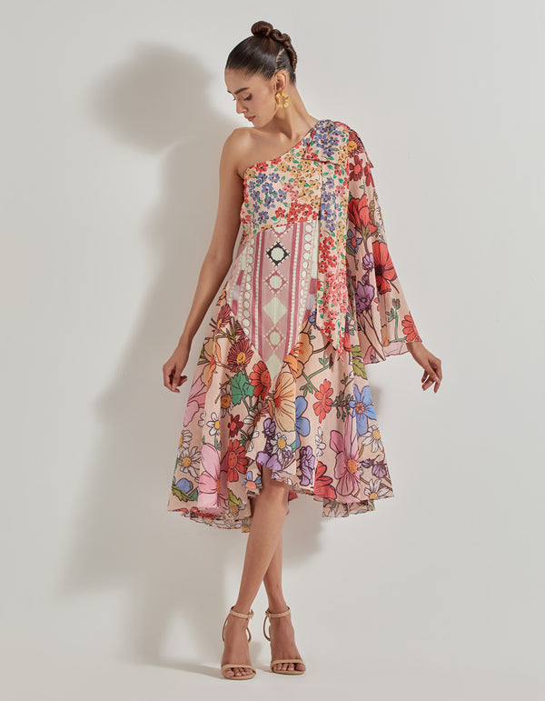 Multicolor Petal Prism One Shoulder Dress
