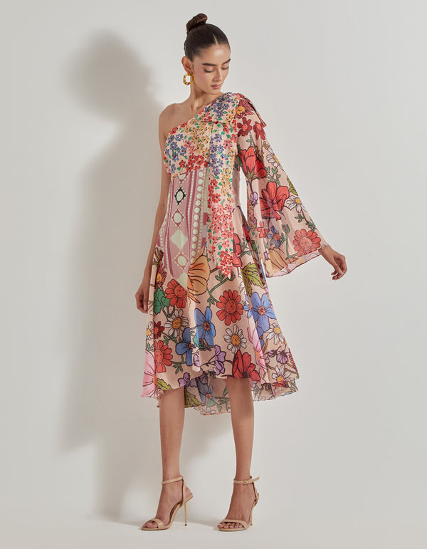 Multicolor Petal Prism One Shoulder Dress