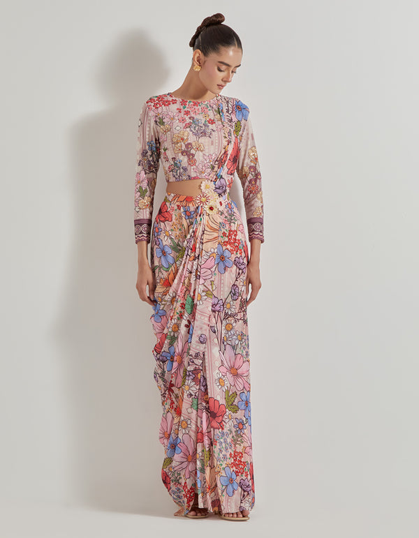 Multicolor Petal Prism Printed Saree Set