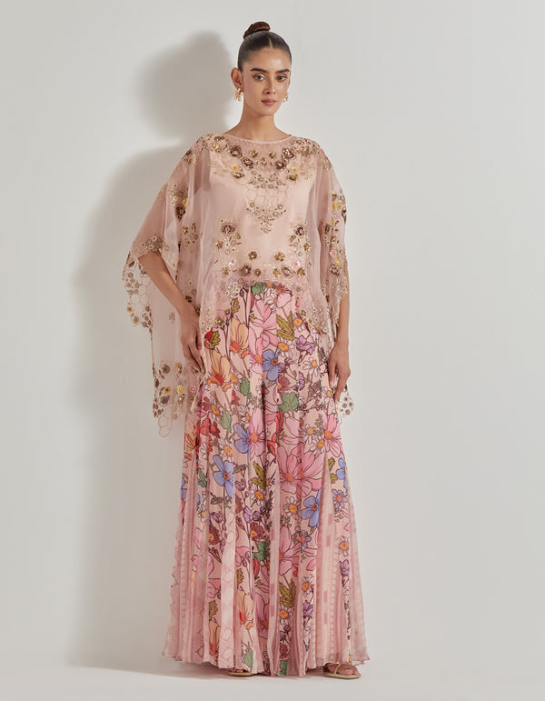 Multicolor Petal Prism Printed Organza Silk Embellished Cape Paired With Sharara Pants
