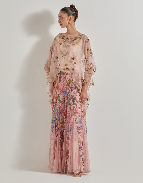 Multicolor Petal Prism Printed Organza Silk Embellished Cape Paired With Sharara Pants