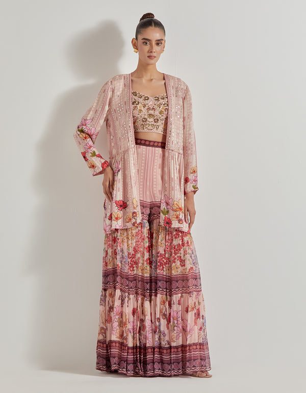 Multicolor Petal Prism Sharara Paired With Bustier And Peplum Cape Jacket