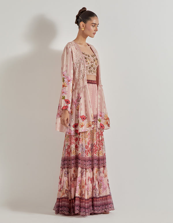 Multicolor Petal Prism Sharara Paired With Bustier And Peplum Cape Jacket