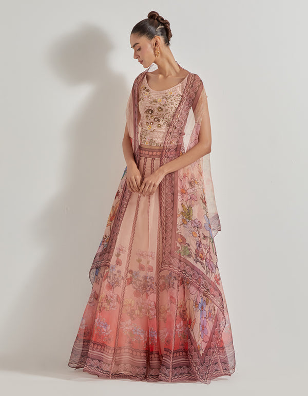 Multicolor Petal Prism Printed Skirt Paired With Embellished Bustier And Cape