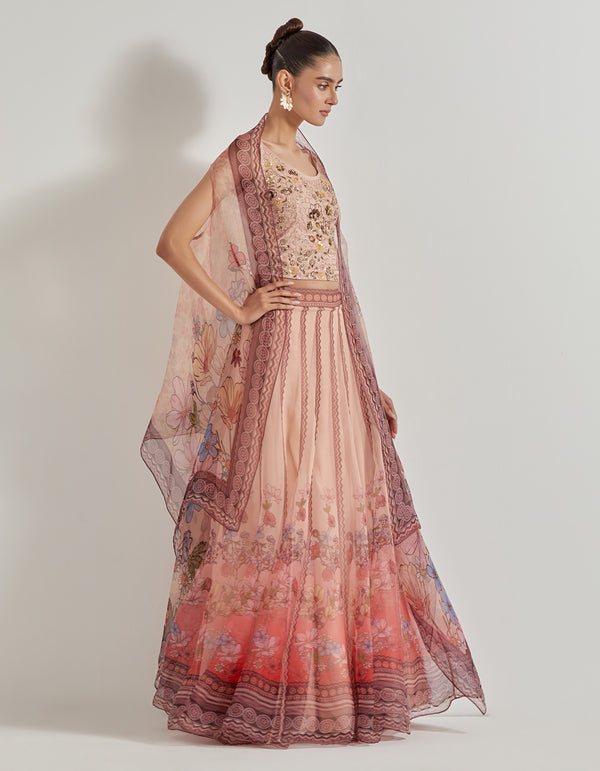 Multicolor Petal Prism Printed Skirt Paired With Embellished Bustier And Cape