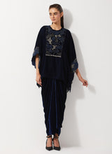 Navy Blue Velvet Embellished Poncho Top Paired With Drape Velvet Skirt