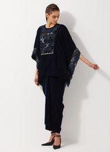 Navy Blue Velvet Embellished Poncho Top Paired With Drape Velvet Skirt