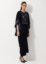 Navy Blue Velvet Embellished Poncho Top Paired With Drape Velvet Skirt