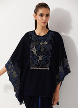 Navy Blue Velvet Embellished Poncho Top Paired With Drape Velvet Skirt