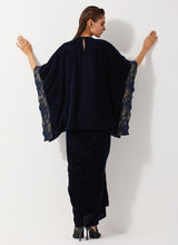 Navy Blue Velvet Embellished Poncho Top Paired With Drape Velvet Skirt